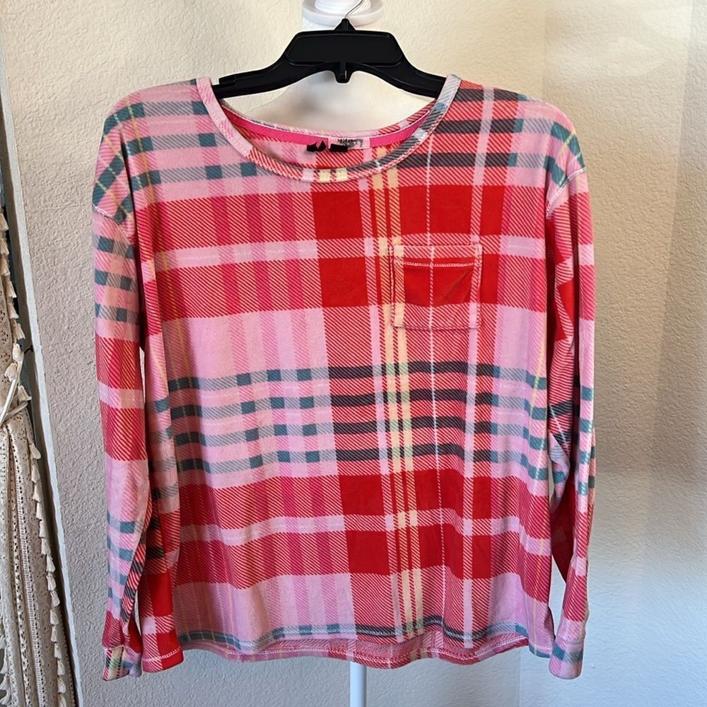 Women's Kensie Pink and Red Plaid Patterned Fleece Pajama Set ~ Size Large